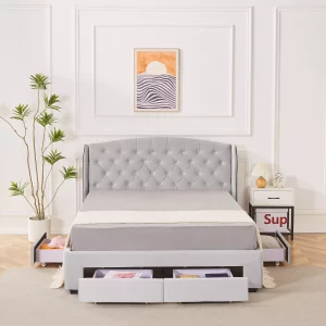 Bed With 4 Drawers and Wing Headboard